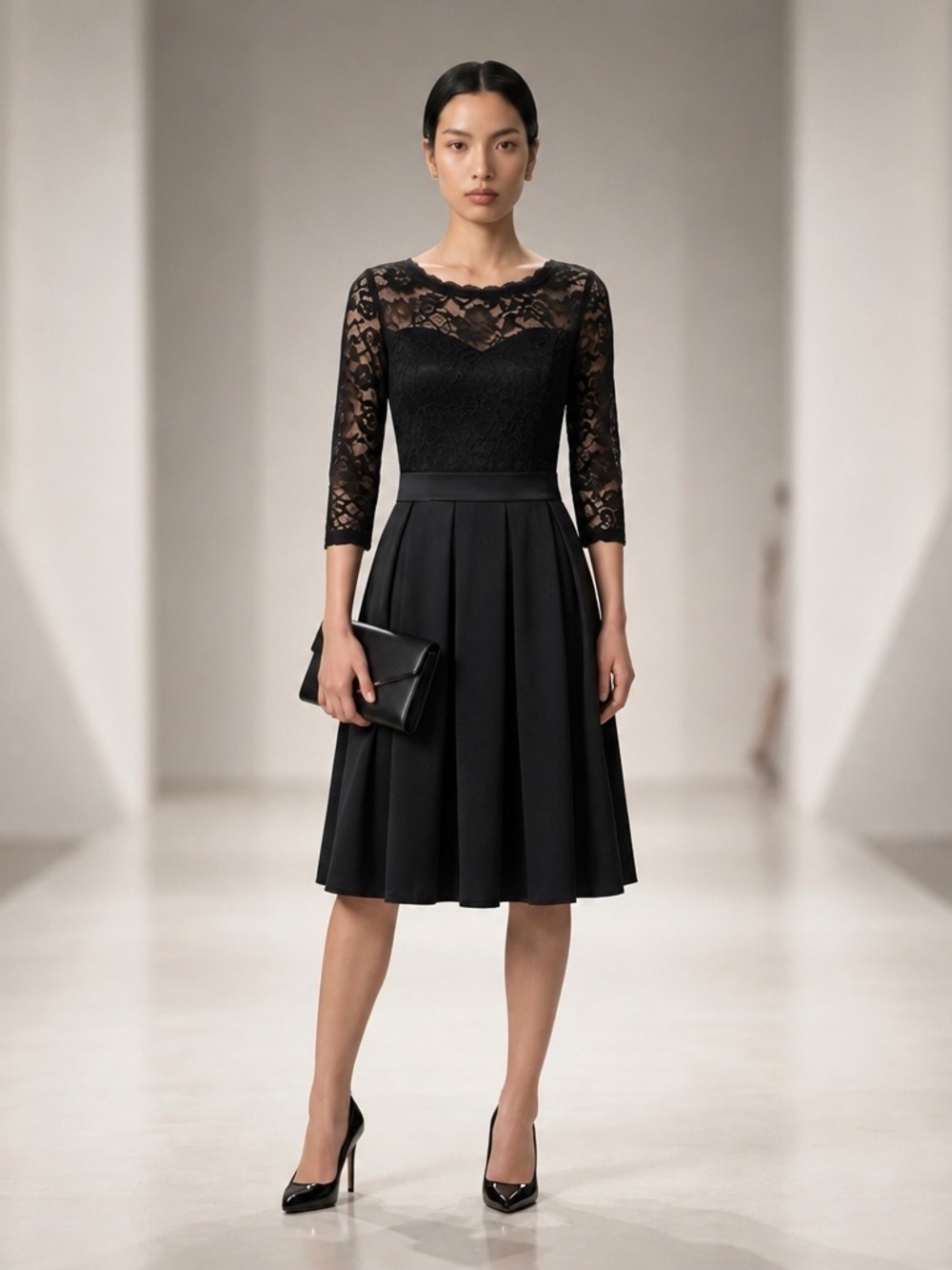 Miusol Black Lace Fit & Flare Midi Dress Size Large 3/4 Sleeve Elegant